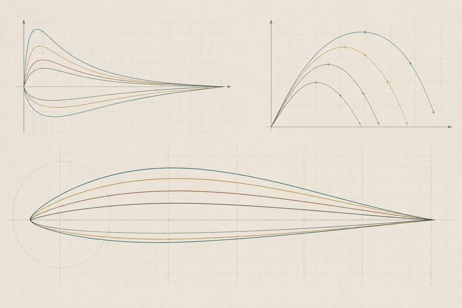 Overlaid airfoil outlines with pressure and polar curves