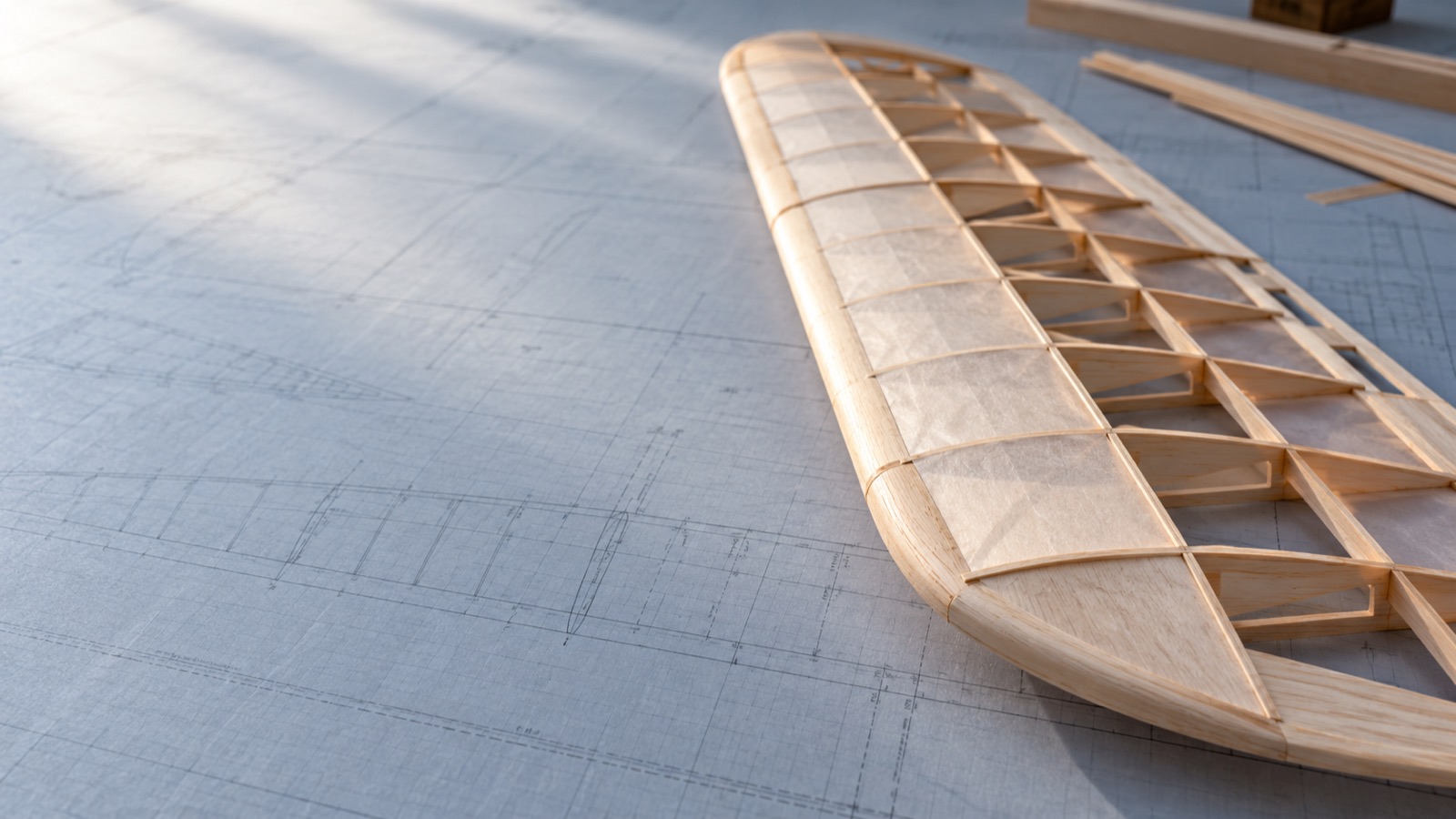 Balsa free-flight wing structure with tissue covering on a drafting table