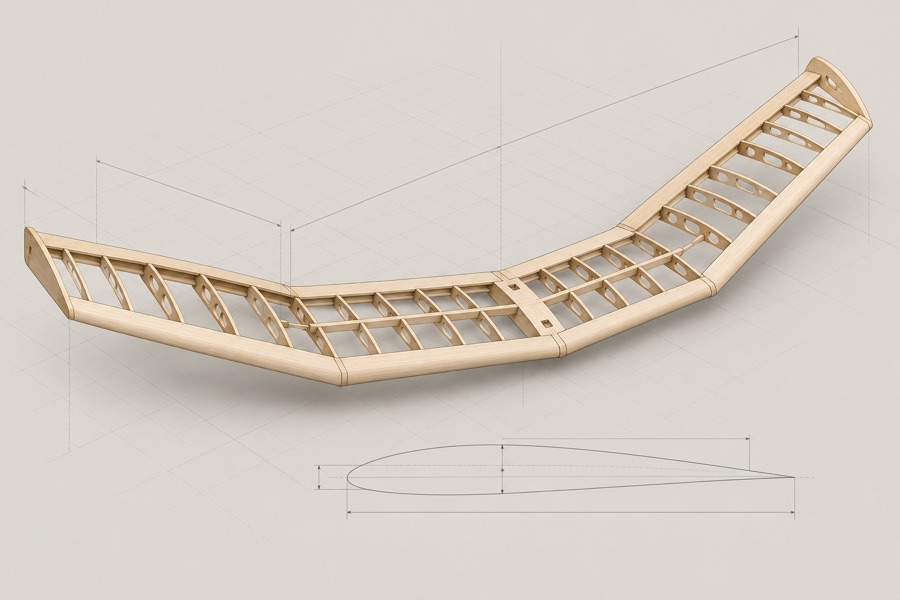 Isometric drawing of a polyhedral balsa wing
